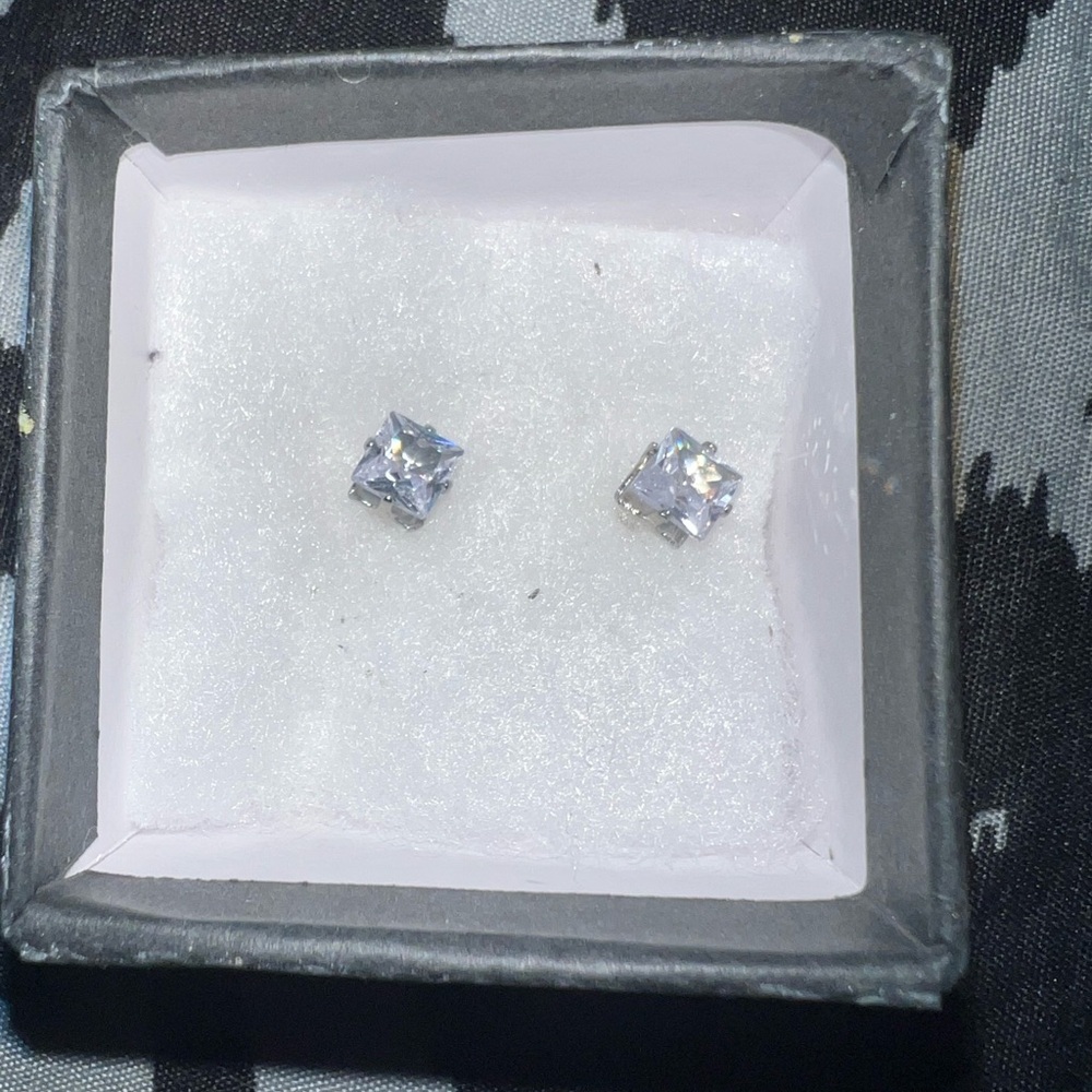 Silver-Tone Clear Square Cubic Zirconia Stud Earrings - Mens Jewelry